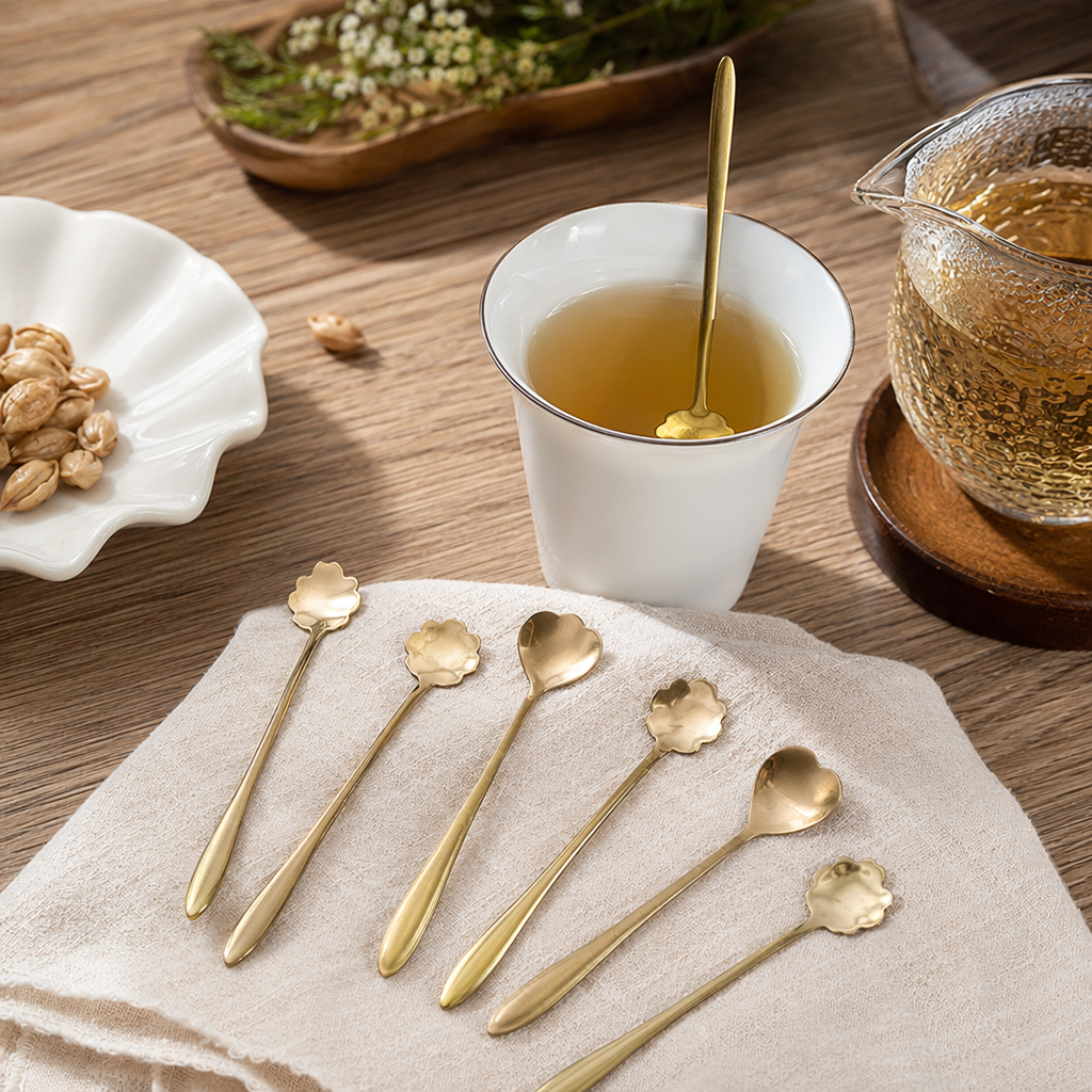أدوات المائدة المصنوعة من الفولاذ المقاوم للصدأ والملعقة الذهبية وملعقة شاي من أجل البيت details Picture