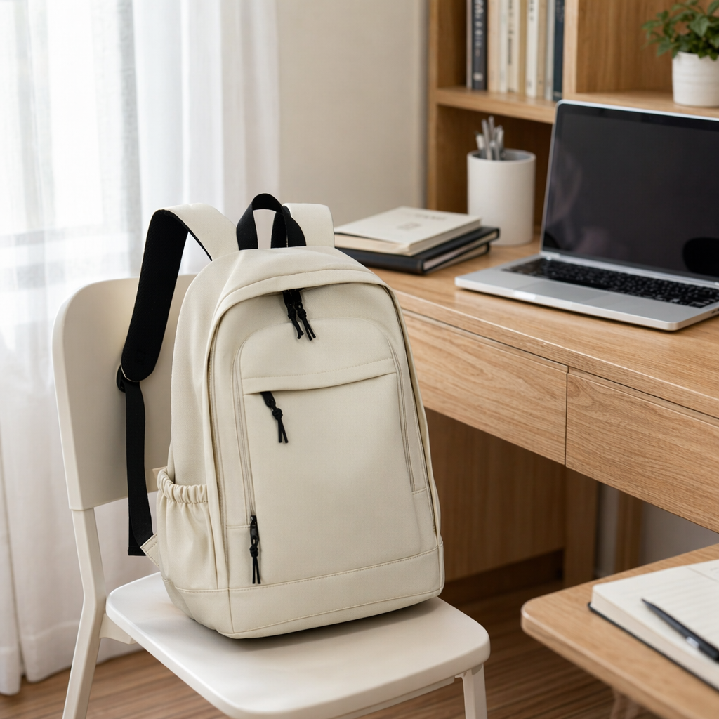 Beige cowhide texture backpack, wear-resistant and waterproof, commuter student travel backpack details Picture