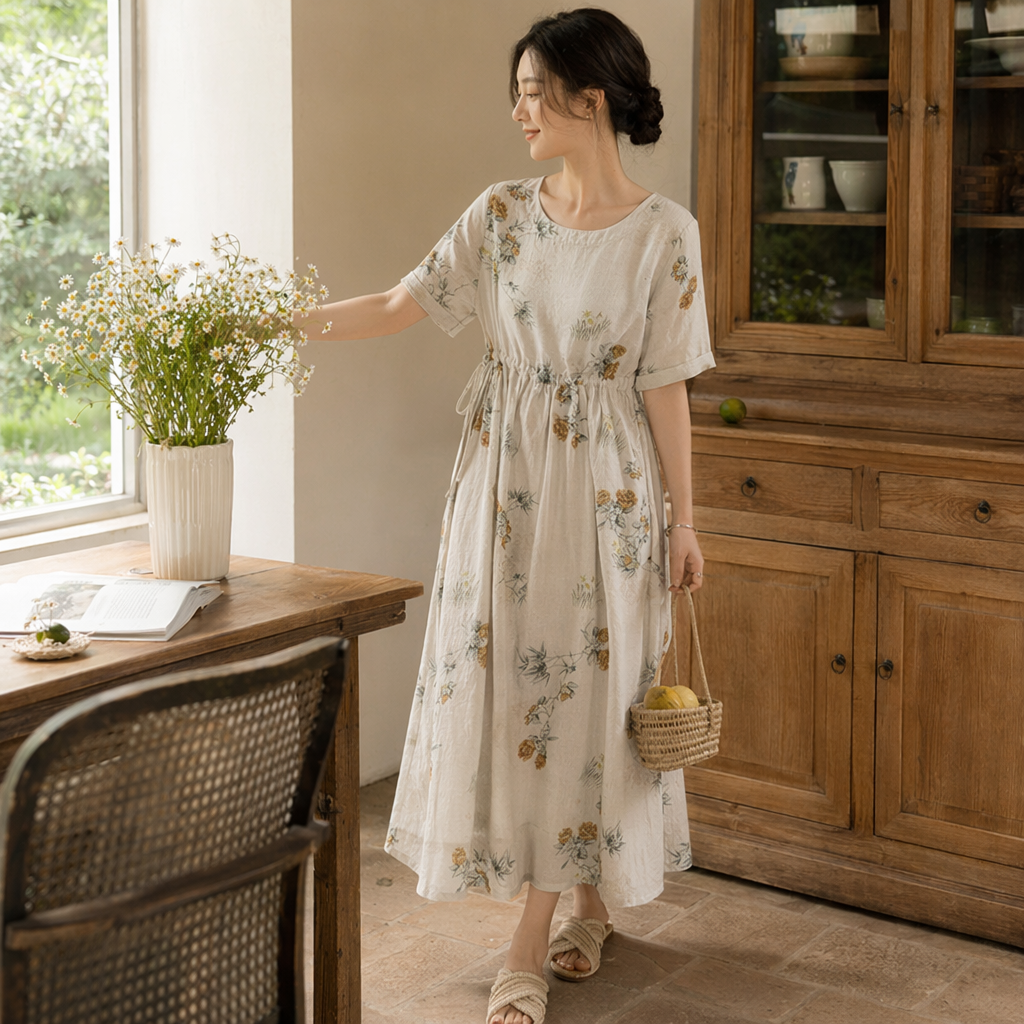 Beige floral printed long dress for women's spring and summer, A new slimming and flowing A-line dress details Picture