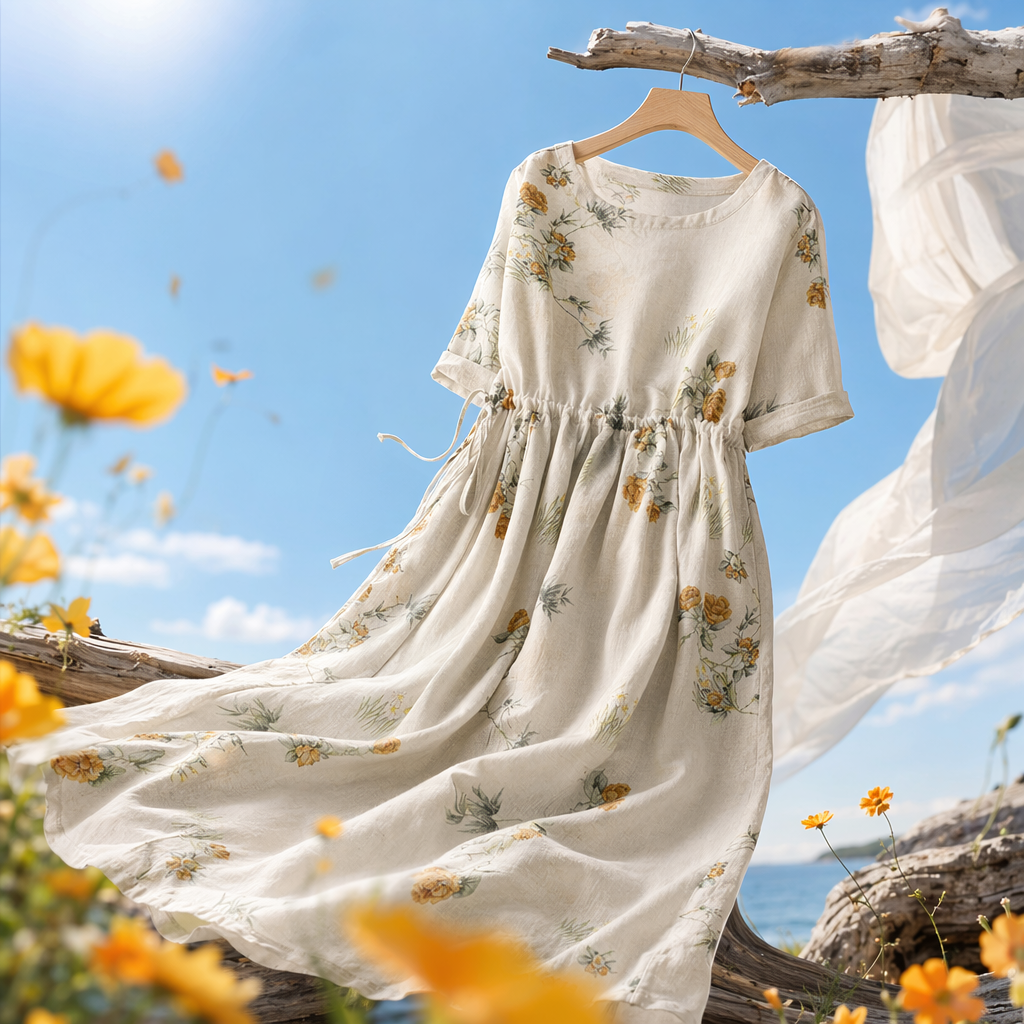Beige floral printed long dress for women's spring and summer, A new slimming and flowing A-line dress Specification image