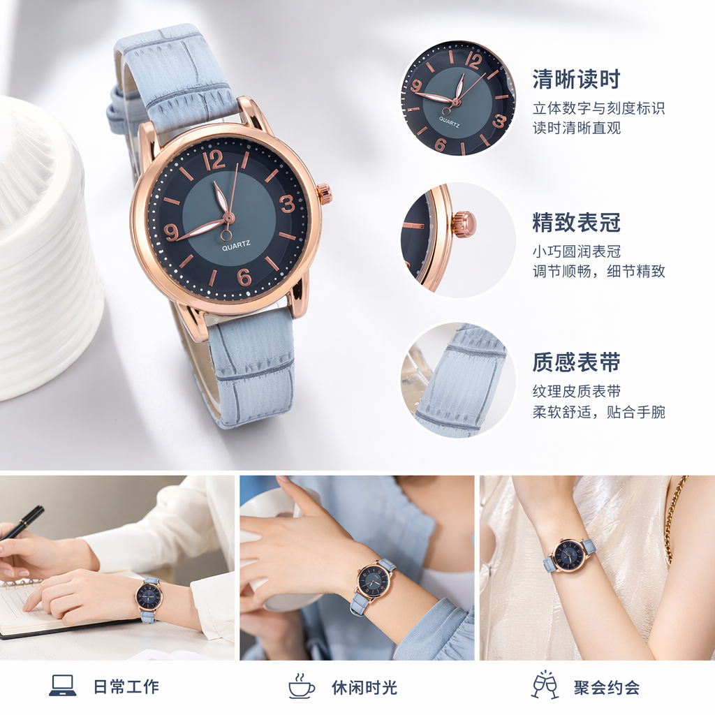 玫瑰金表壳蓝色表带黑色表盘女士手表图