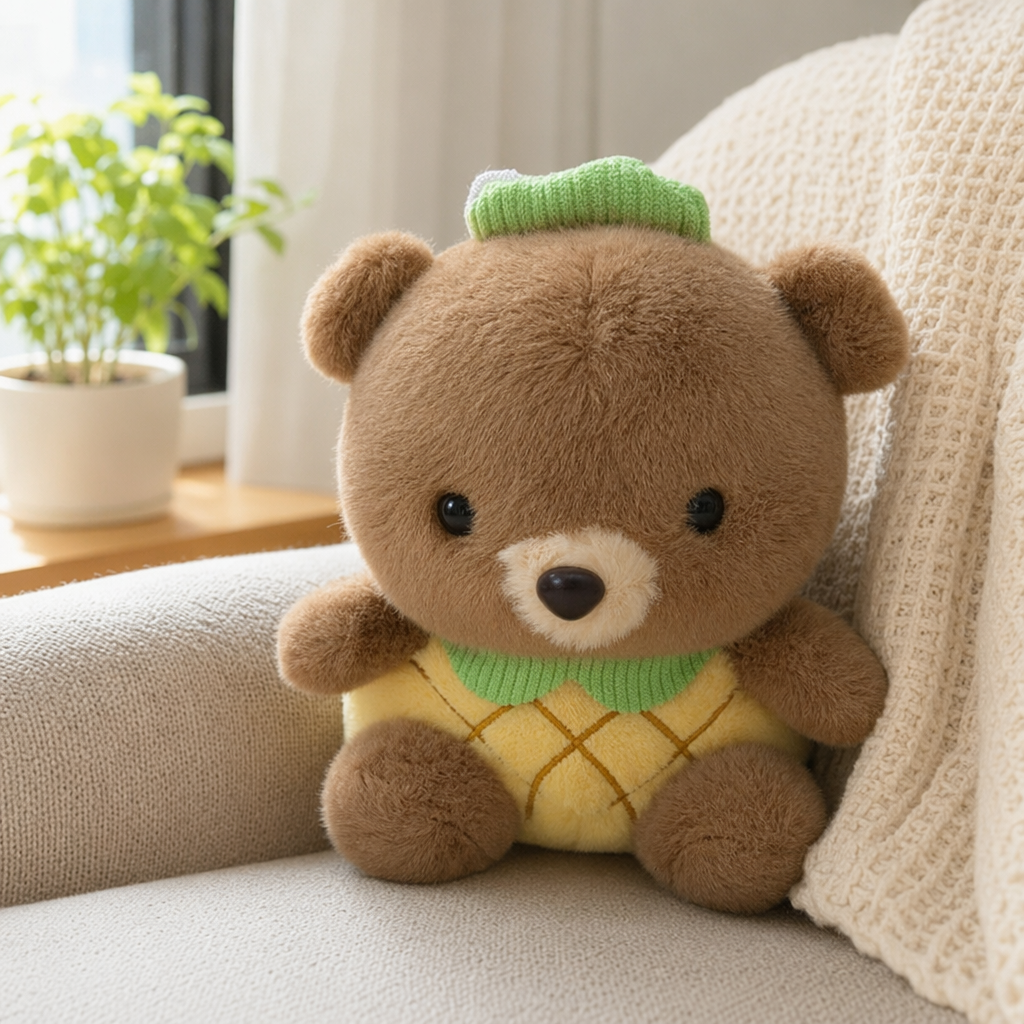 The brown plush bear is wearing a green knitted cap, a yellow checked vest and a green collar details Picture