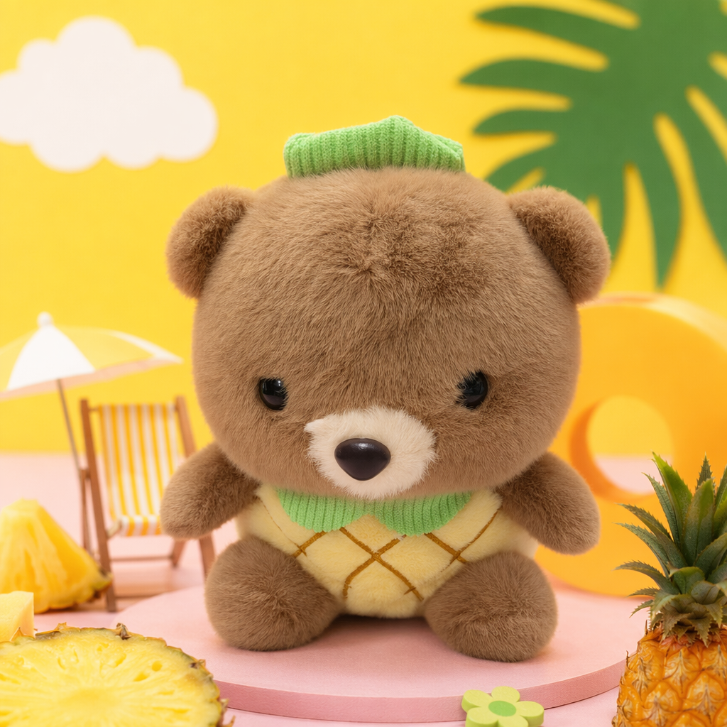 The brown plush bear is wearing a green knitted cap, a yellow checked vest and a green collar Specification image
