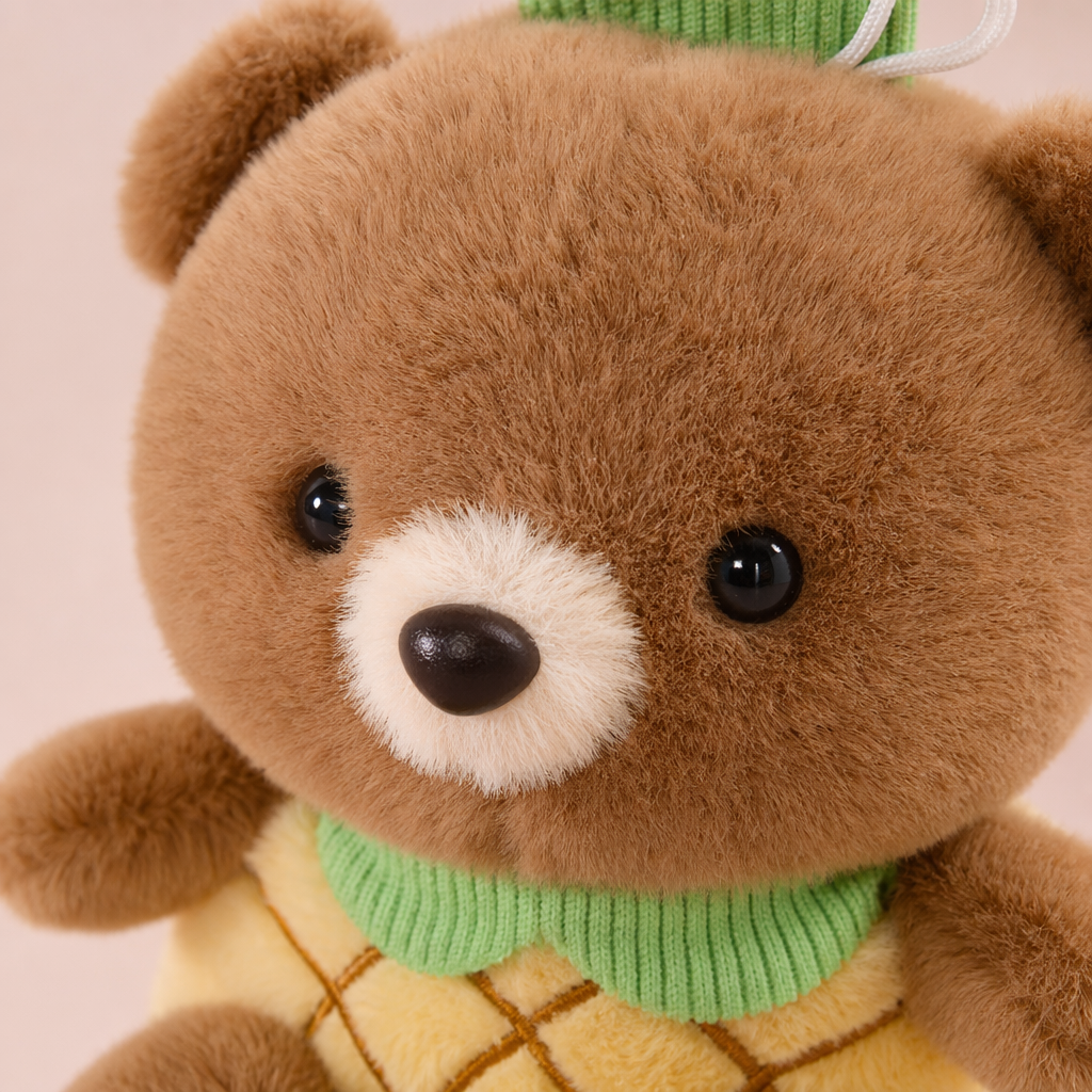 The brown plush bear is wearing a green knitted cap, a yellow checked vest and a green collar Application Scenario
