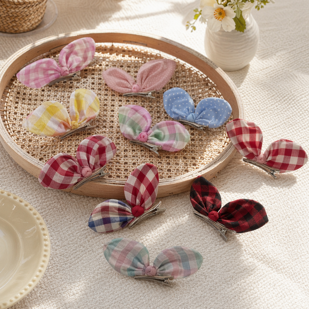A sweet and girlish headwear with colorful checkered and polka dot bow hairpins details Picture