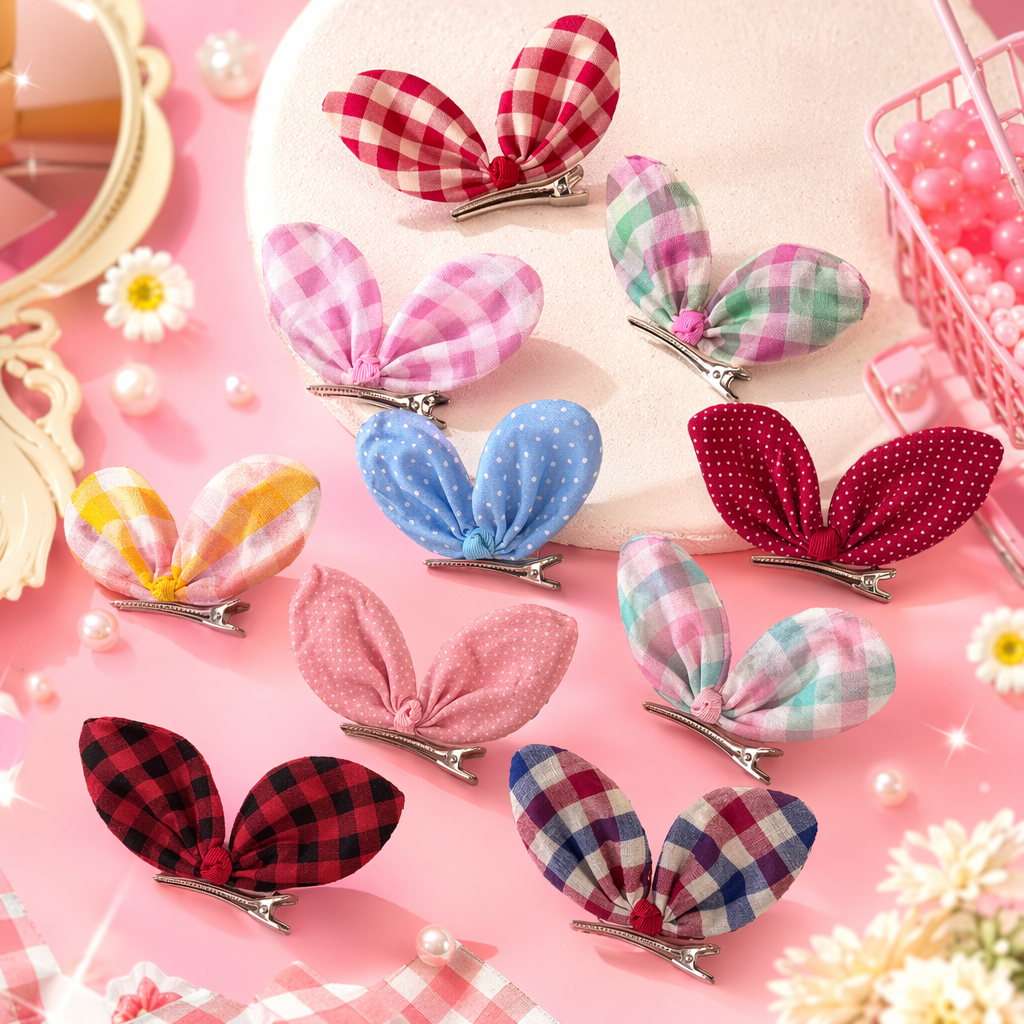 A sweet and girlish headwear with colorful checkered and polka dot bow hairpins Specification image
