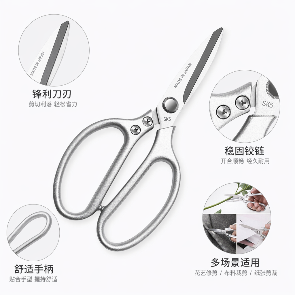 银色不锈钢剪刀家用裁布剪纸多功能锋利省力