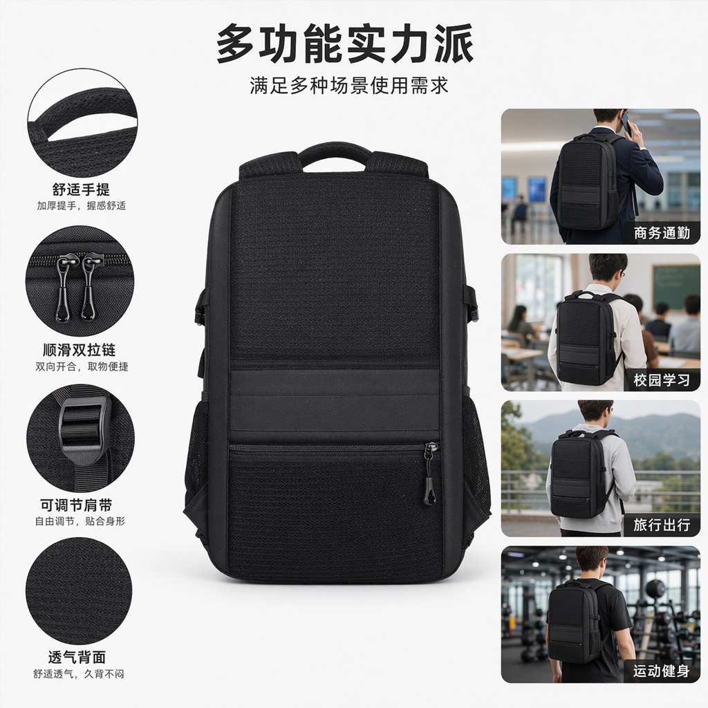 Black simple business casual backpack, suitable for both men and women, lightweight and large-capacity for commuting and travel