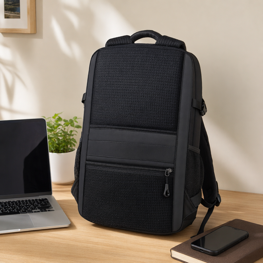 Black simple business casual backpack, suitable for both men and women, lightweight and large-capacity for commuting and travel details Picture