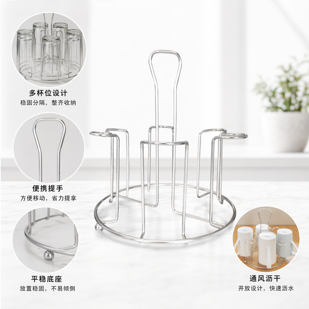 The silver metal cup holder kitchen countertop storage rack features a simple and modern style