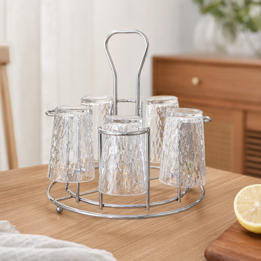 The silver metal cup holder kitchen countertop storage rack features a simple and modern style details Picture
