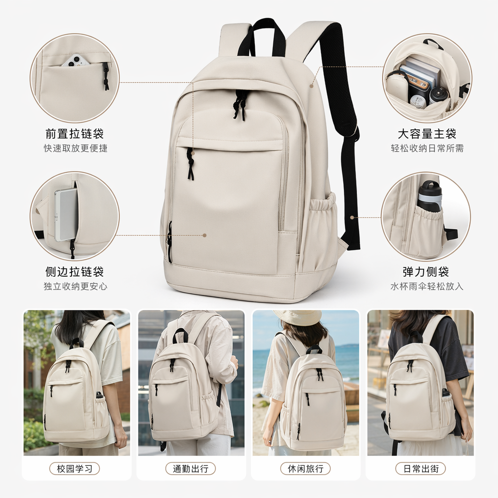 This white backpack is simple, versatile, lightweight and has a large capacity for student commuting and travel full image