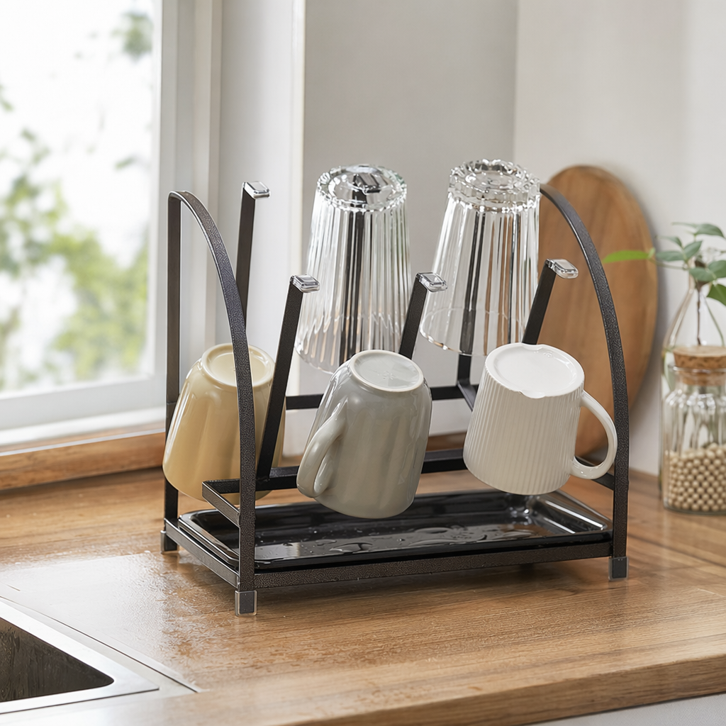 The black metal cup holder is a simple household kitchen storage rack that is heat-resistant and anti-slip details Picture