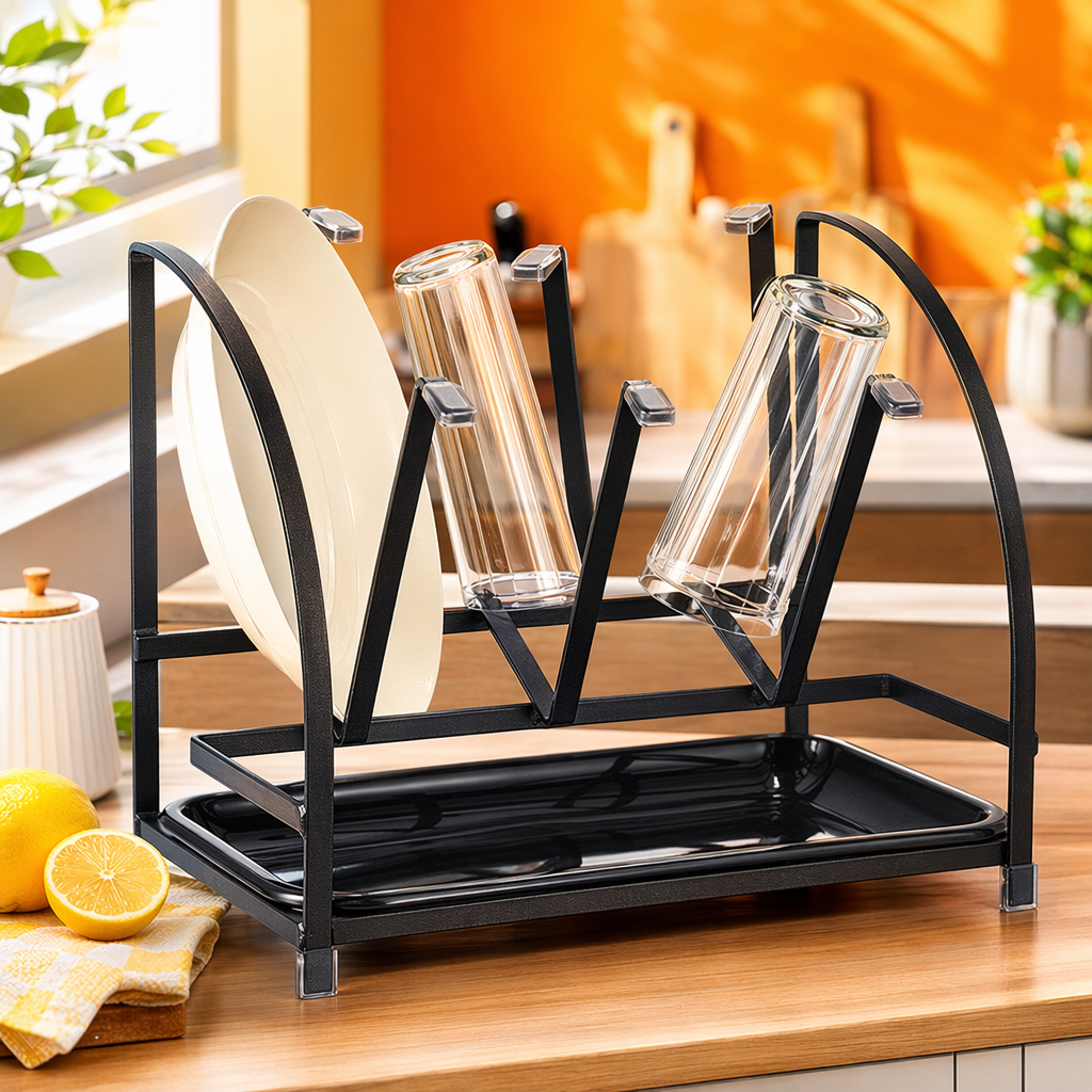 The black metal cup holder is a simple household kitchen storage rack that is heat-resistant and anti-slip Specification image