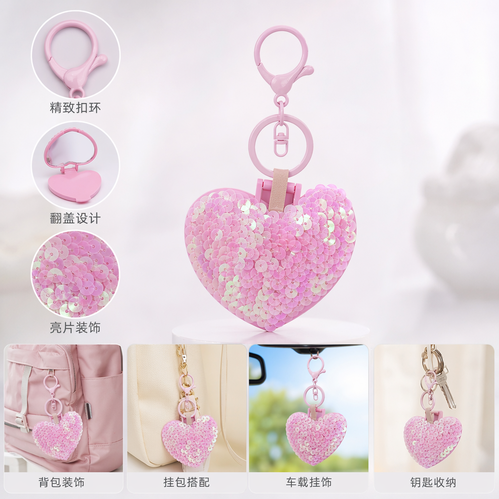 Pink sequined heart-shaped keychain, a cute girl's portable accessory and a fashionable accessory