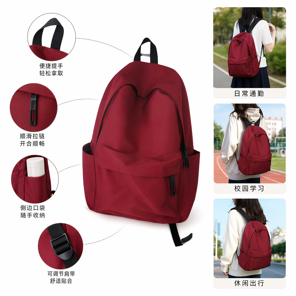 Red fashionable casual backpack, lightweight and large-capacity student commuting travel bag
