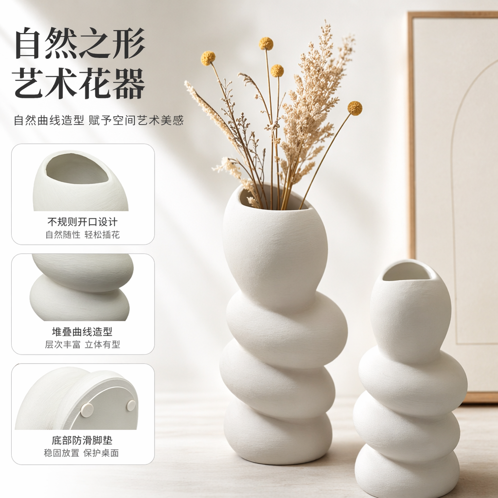白色堆叠球形花瓶客厅北欧风陶瓷摆件简约现代装饰