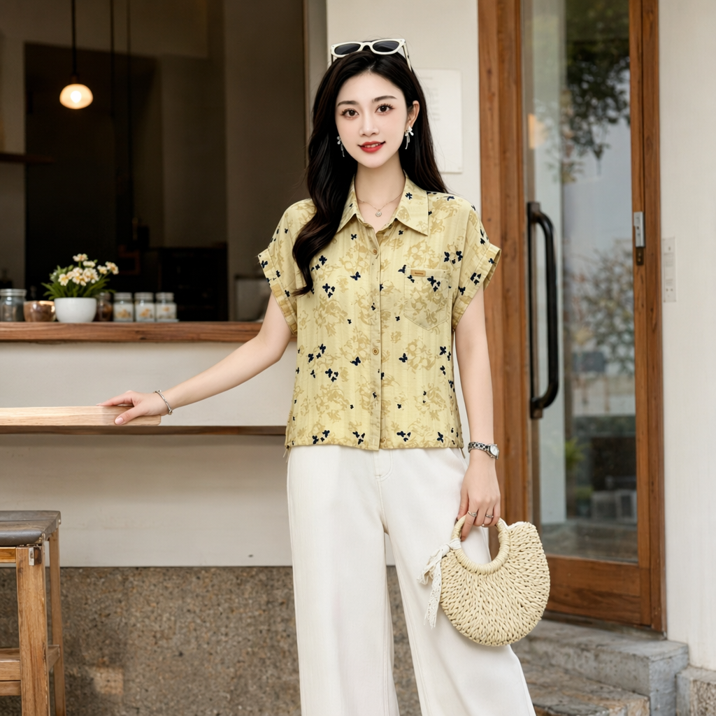 Yellow short-sleeved shirt for women, breathable and casual floral top details Picture