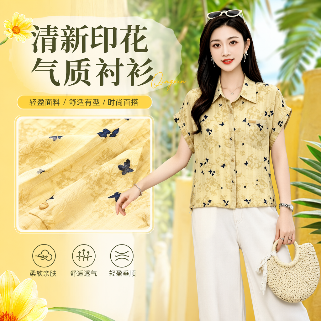 Yellow short-sleeved shirt for women, breathable and casual floral top Specification image