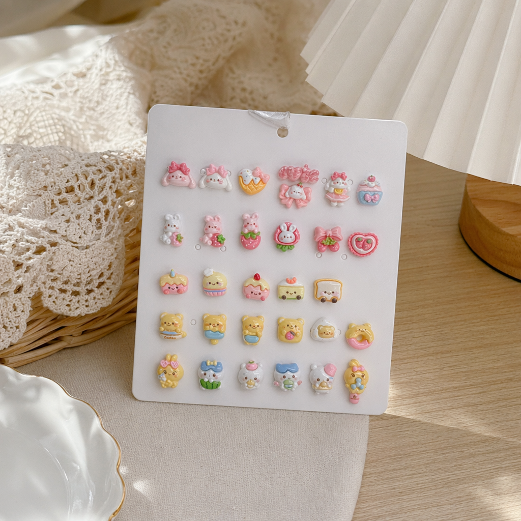 A white display board with cartoon decorative hanging pieces for wall decoration, storage and display stand details Picture