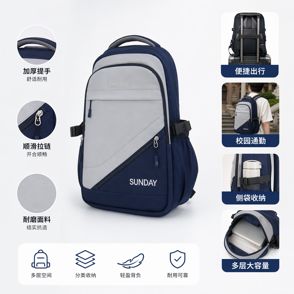 A simple and fashionable backpack in blue and white, suitable for both men and women full image