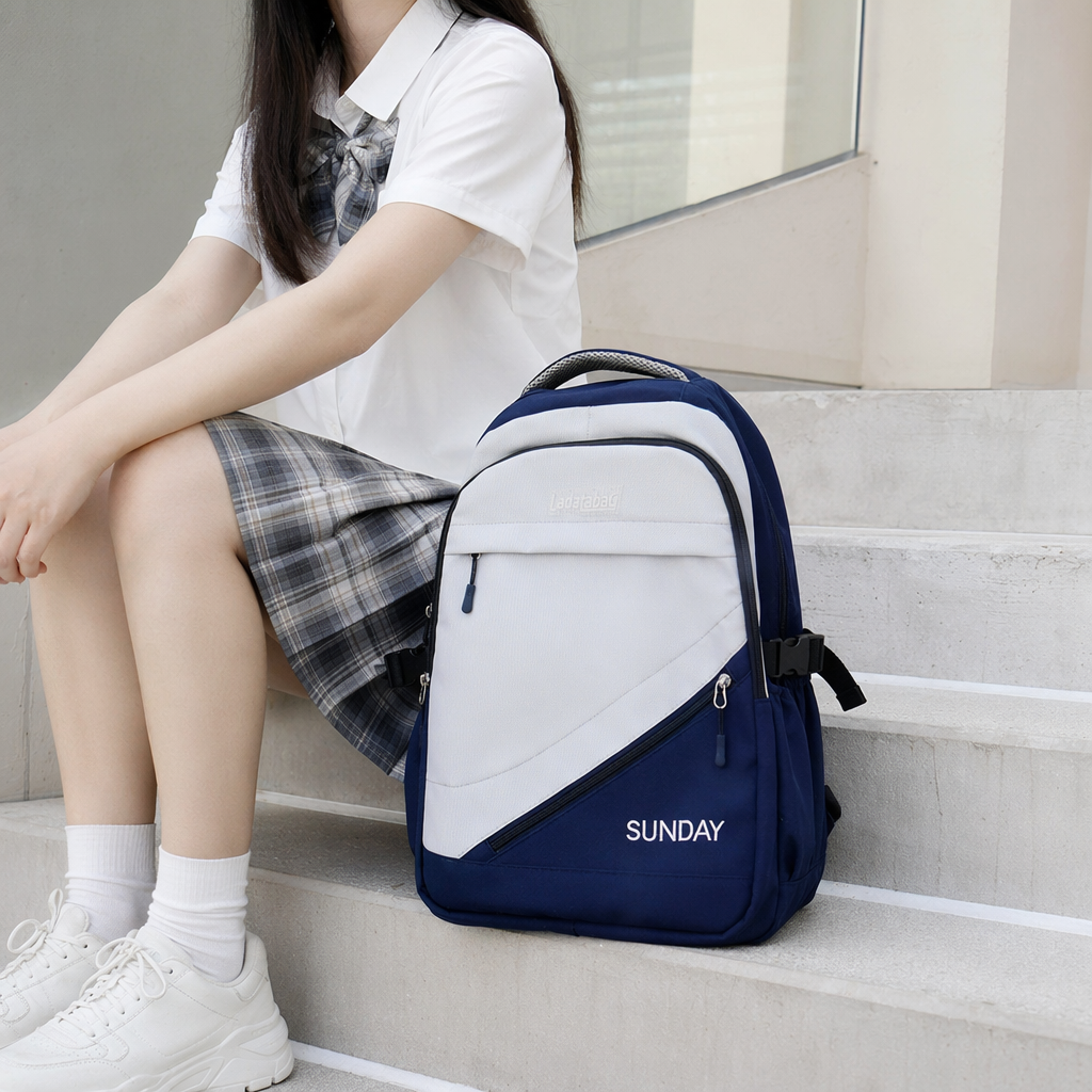A simple and fashionable backpack in blue and white, suitable for both men and women details Picture