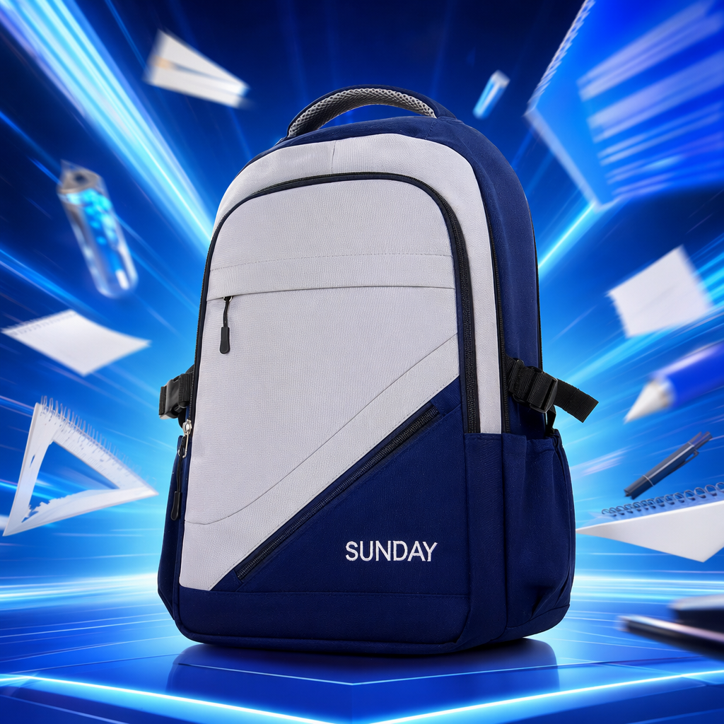 A simple and fashionable backpack in blue and white, suitable for both men and women Specification image