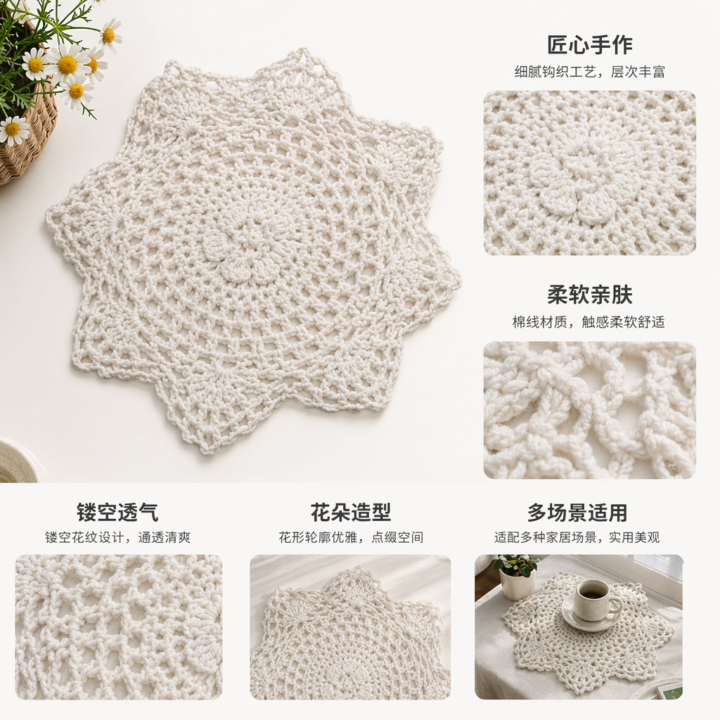 白色钩针编织花形垫子 家居装饰地毯茶几桌垫