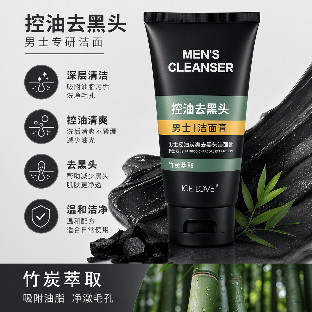 ICE LOVE Black Men's Facial Cleanser for Oil Control, Blackhead Removal, Oil Control and Pore Purification. Green, Yellow, Blue and Gray striped display box