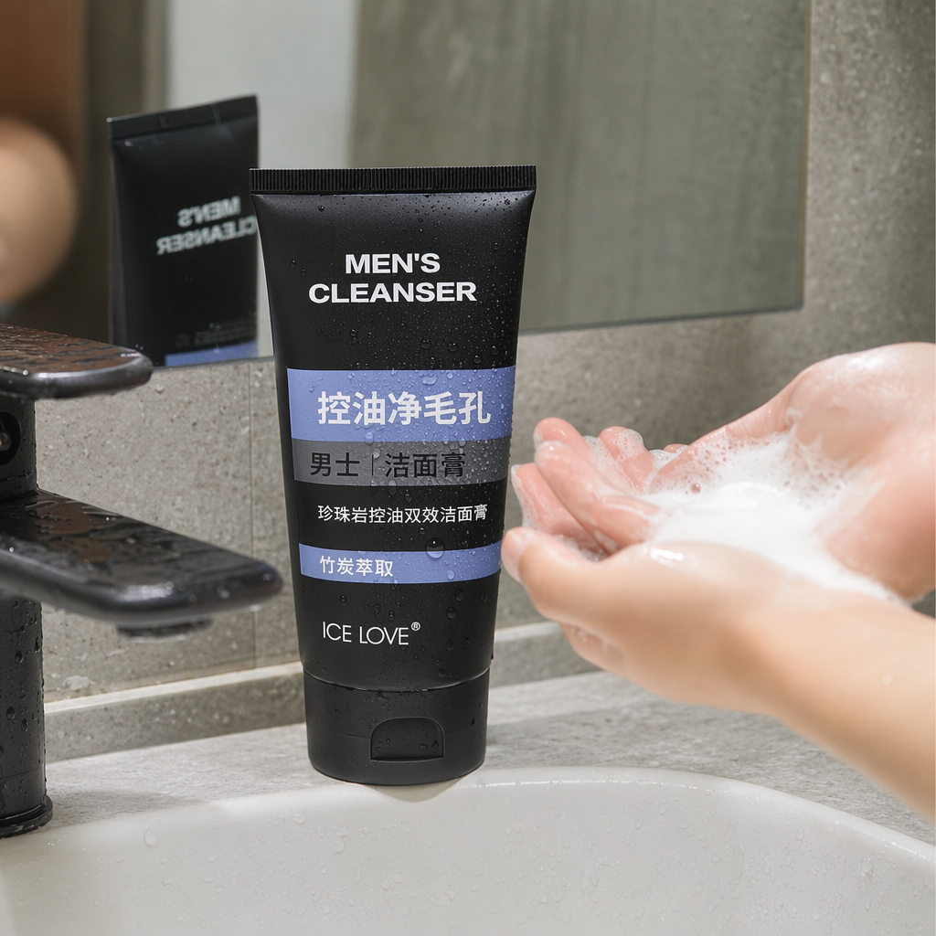 ICE LOVE Black Men's Facial Cleanser for Oil Control, Blackhead Removal, Oil Control and Pore Purification. Green, Yellow, Blue and Gray striped display box details Picture