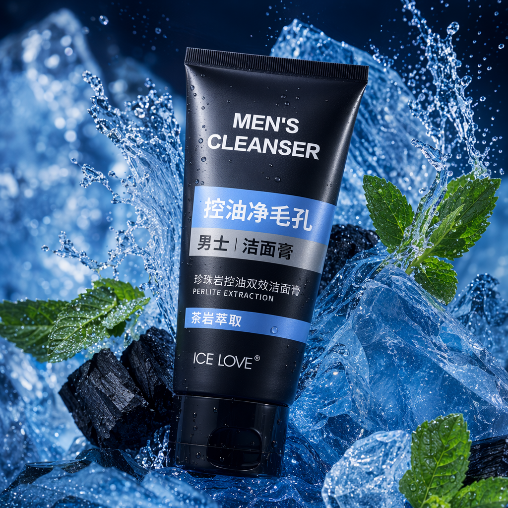 ICE LOVE Black Men's Facial Cleanser for Oil Control, Blackhead Removal, Oil Control and Pore Purification. Green, Yellow, Blue and Gray striped display box Specification image