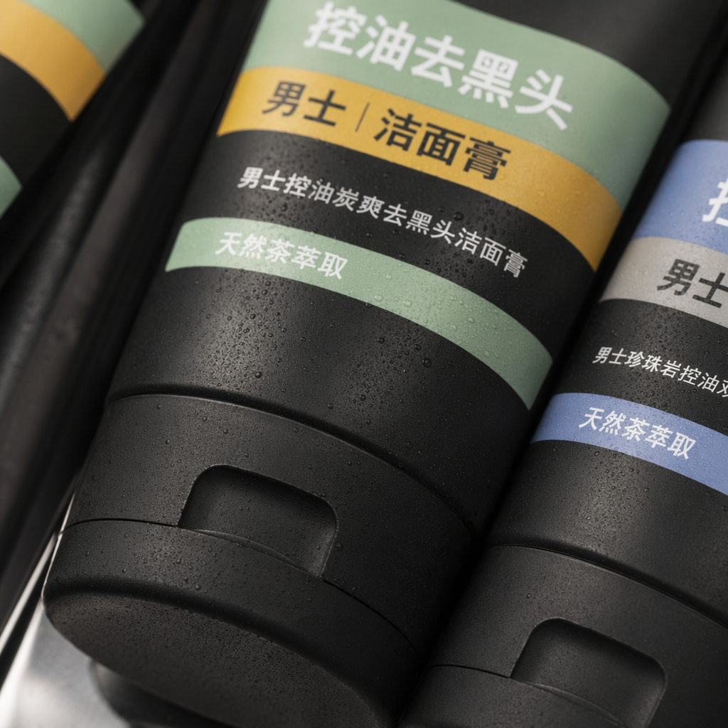 ICE LOVE Black Men's Facial Cleanser for Oil Control, Blackhead Removal, Oil Control and Pore Purification. Green, Yellow, Blue and Gray striped display box Application Scenario
