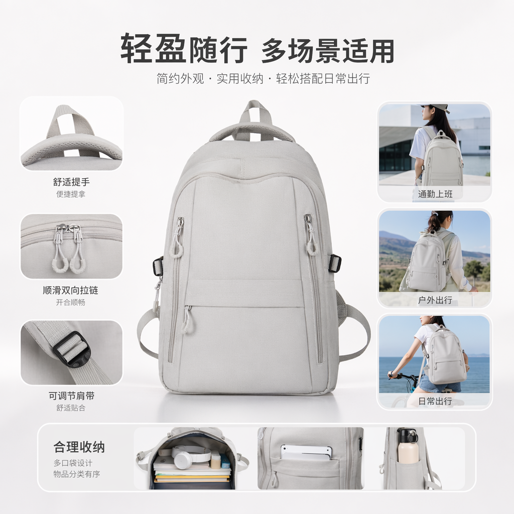 Light grey backpack, lightweight and large-capacity student commuting travel backpack
