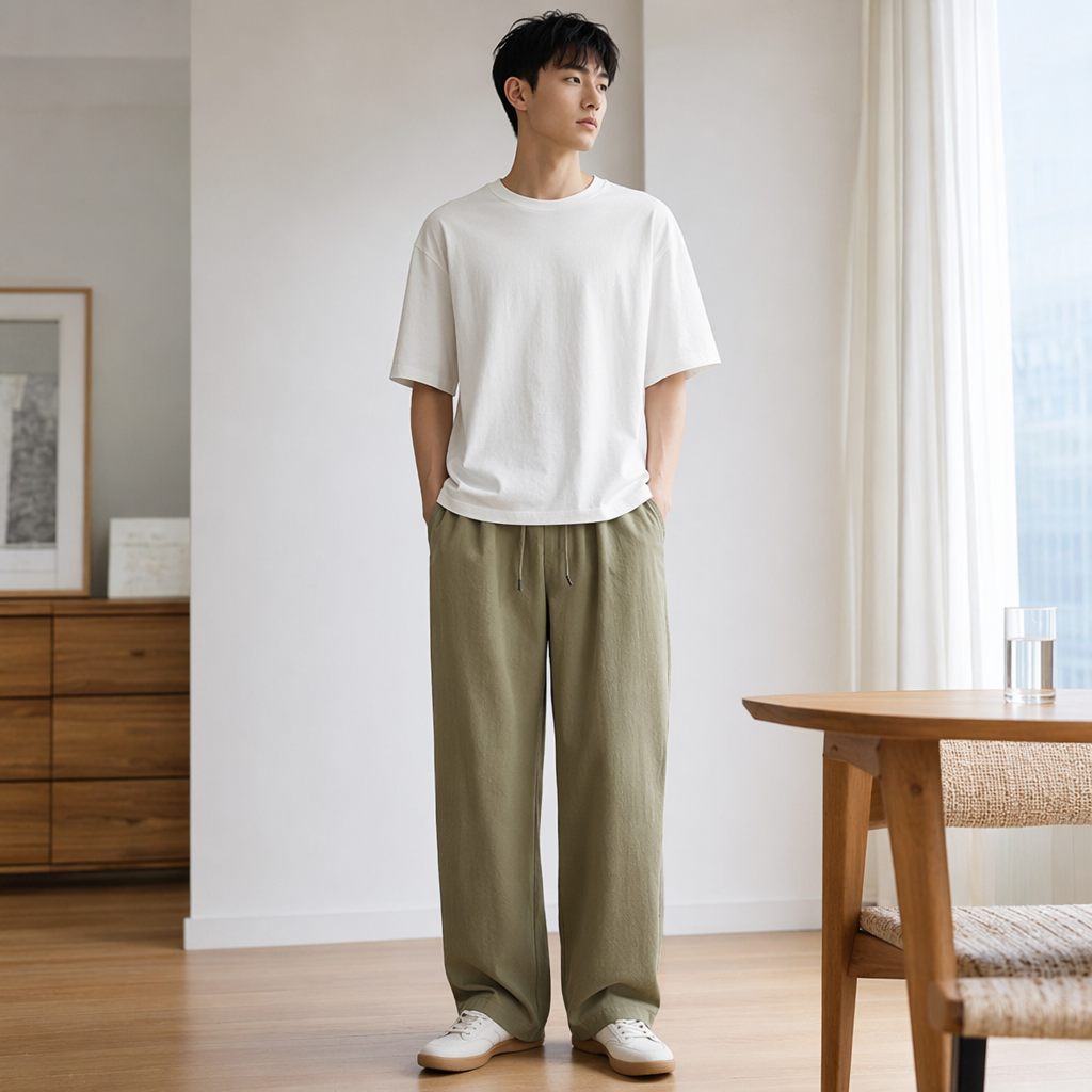 Olive green drawstring casual pants for both men and women, loose and slimming sportswear pants details Picture