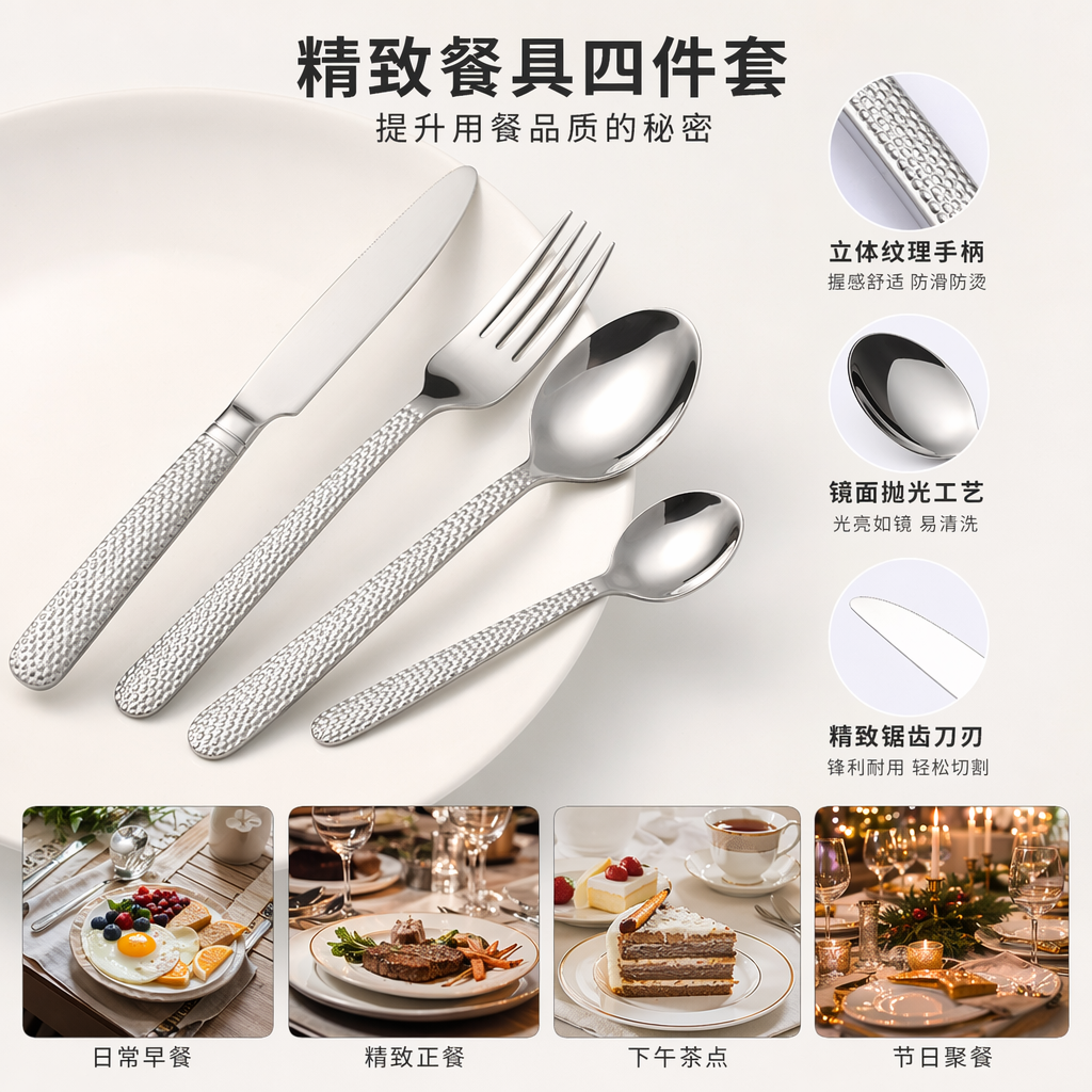 银色餐具套装 不锈钢餐勺叉刀四件套 家用简约风