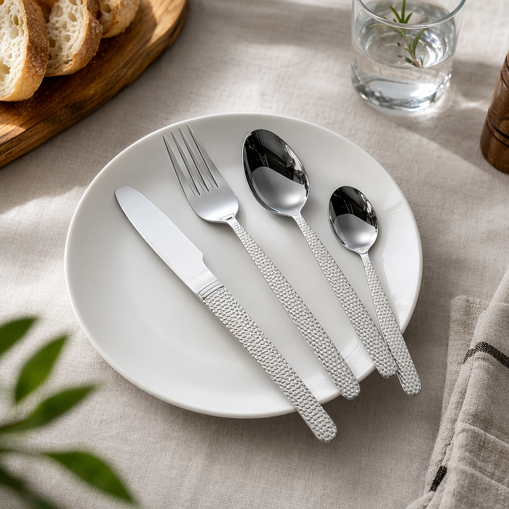 Silver tableware set, stainless steel spoons, forks and knives, four-piece set, home simple style details Picture