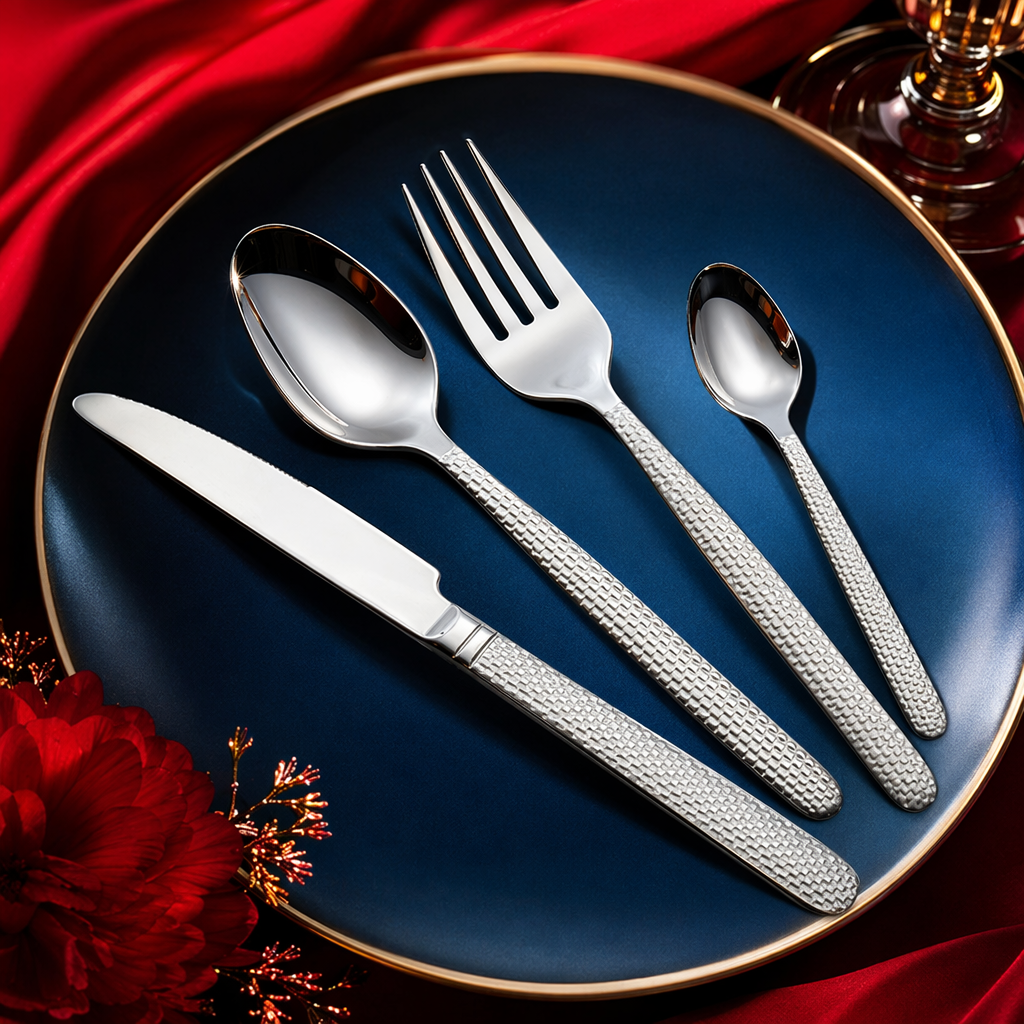 Silver tableware set, stainless steel spoons, forks and knives, four-piece set, home simple style Specification image