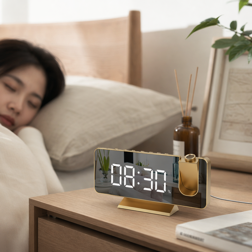 The golden projection alarm clock and digital display screen show temperature and humidity details Picture