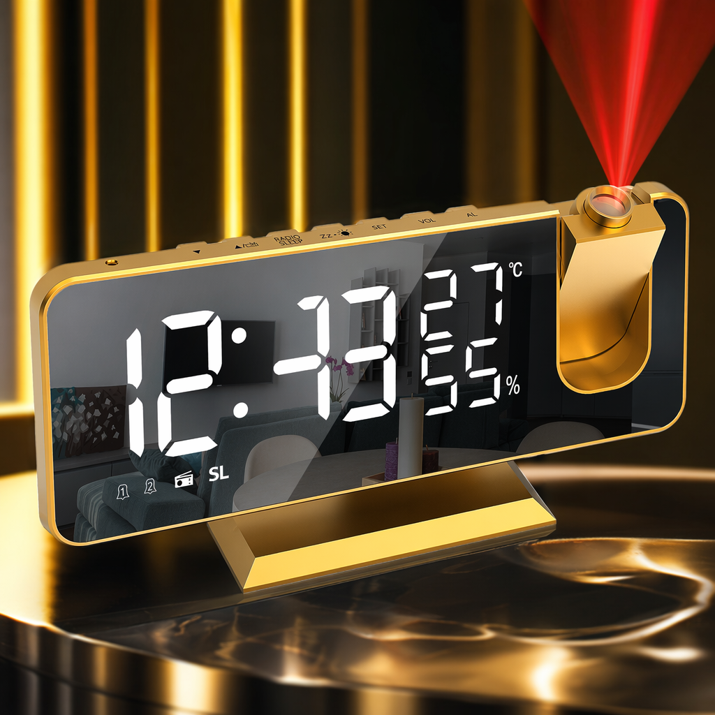 The golden projection alarm clock and digital display screen show temperature and humidity Specification image