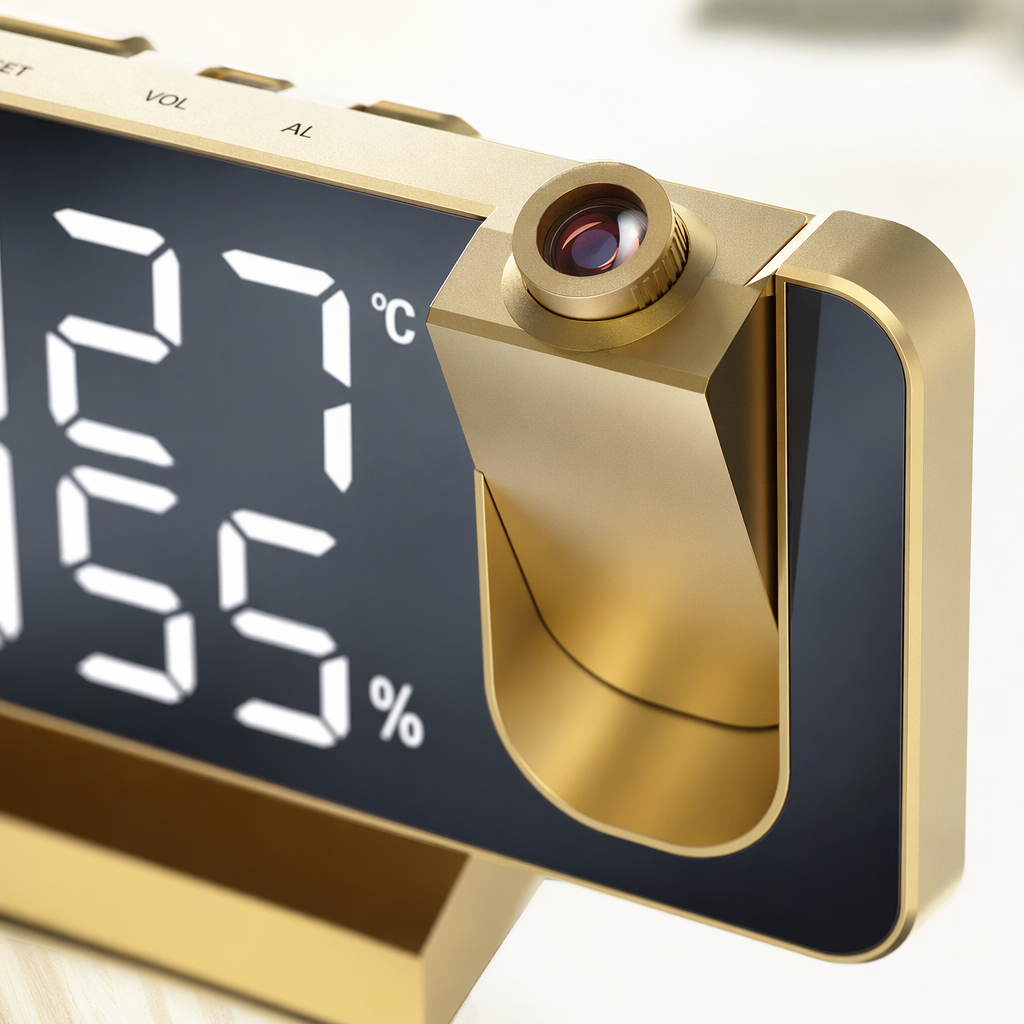 The golden projection alarm clock and digital display screen show temperature and humidity Application Scenario