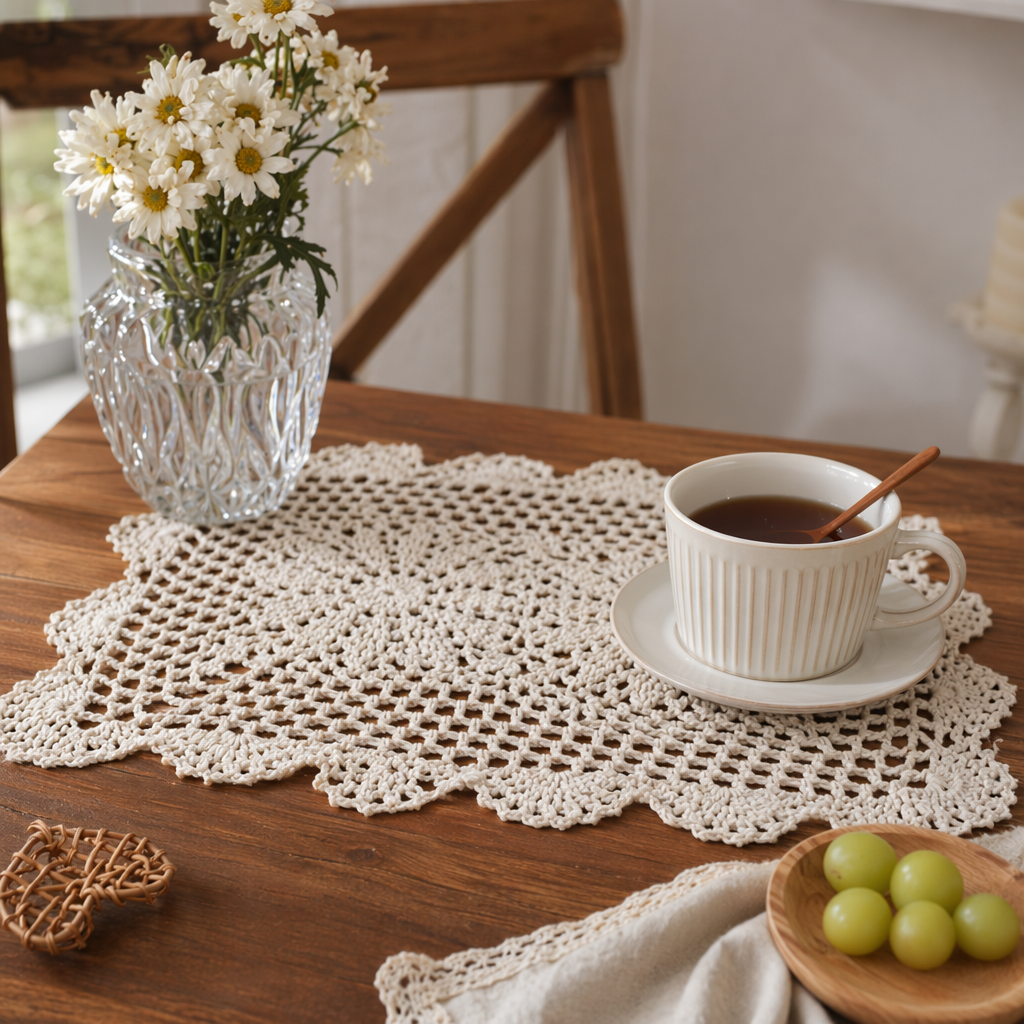 White handcrafted crochet coasters for home decoration, handwoven coffee table MATS details Picture