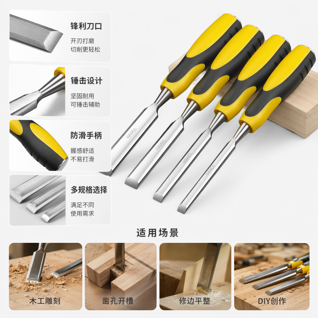 Yellow black-patterned handle woodworking chisel, professional wood carving chisel, hardwood handle chisel