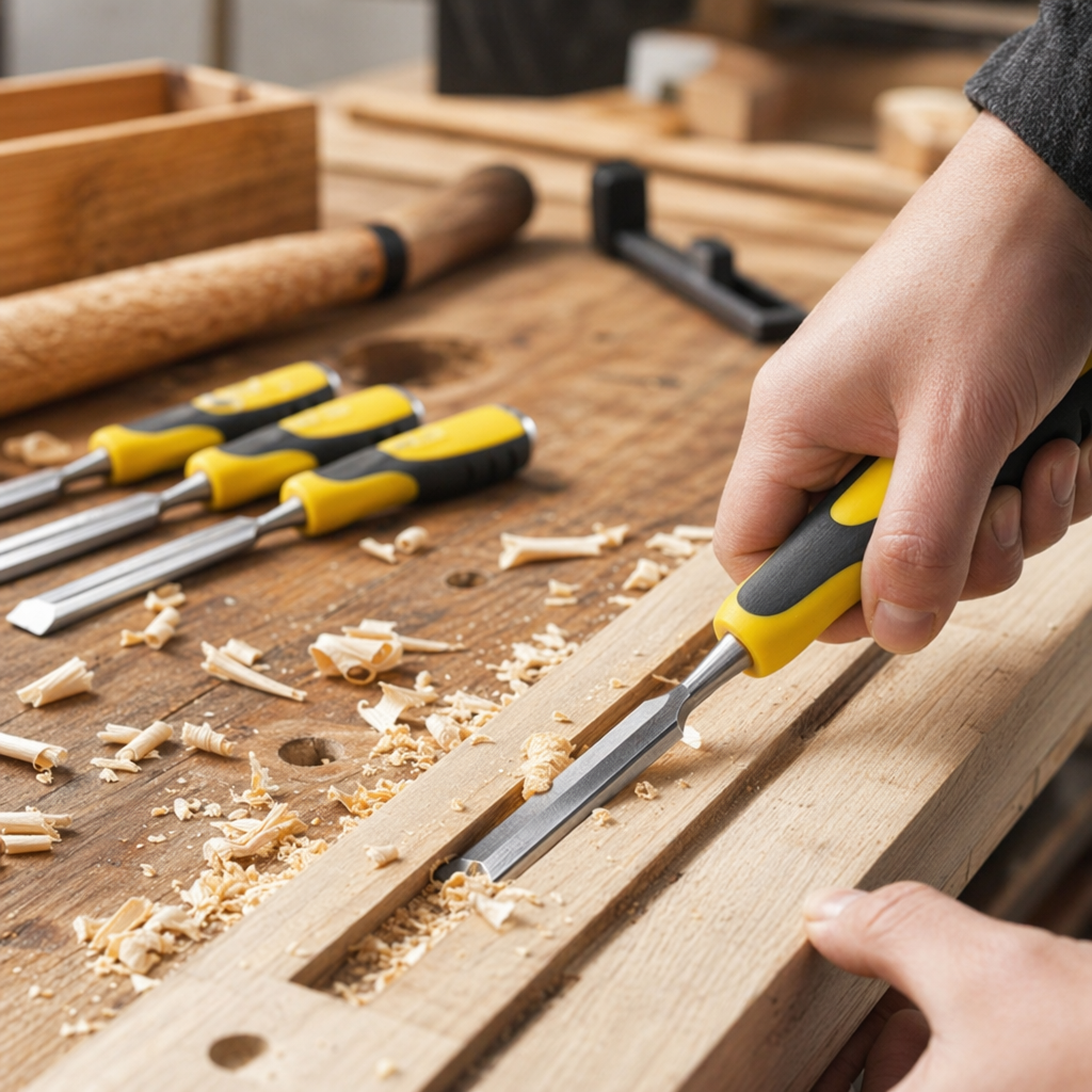 Yellow black-patterned handle woodworking chisel, professional wood carving chisel, hardwood handle chisel details Picture