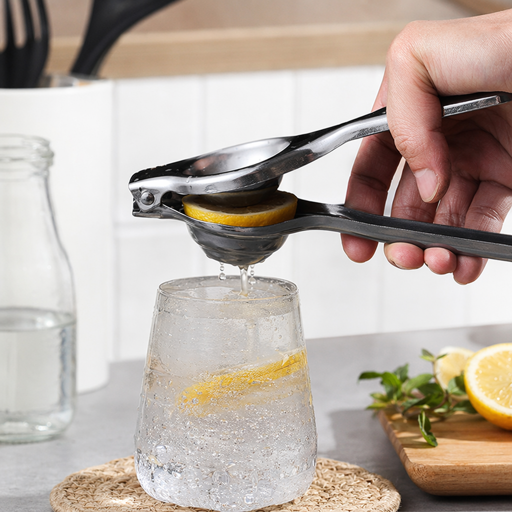 Silver lemon juicer, a manual household kitchen juice magic tool, specially designed for lemons, limes and oranges details Picture