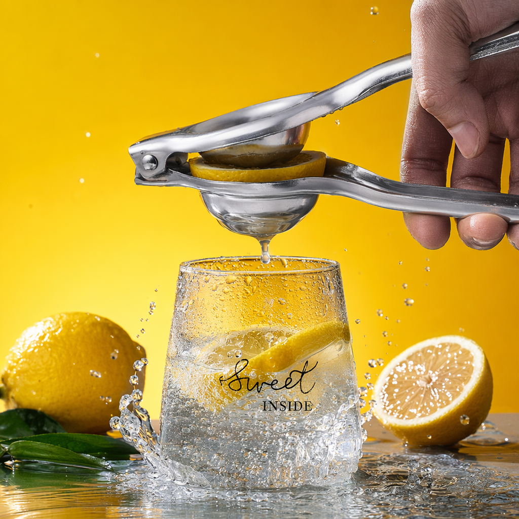 Silver lemon juicer, a manual household kitchen juice magic tool, specially designed for lemons, limes and oranges Specification image