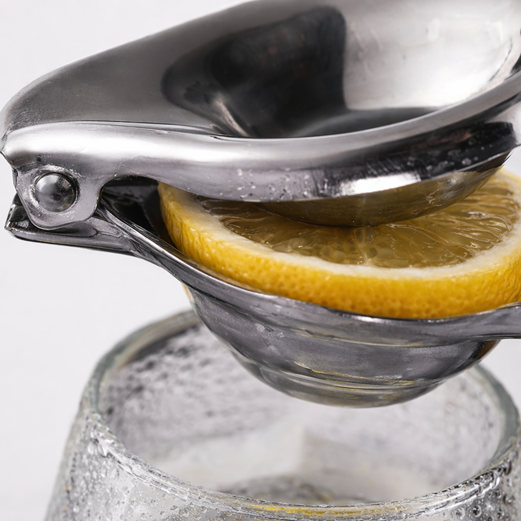 Silver lemon juicer, a manual household kitchen juice magic tool, specially designed for lemons, limes and oranges Application Scenario