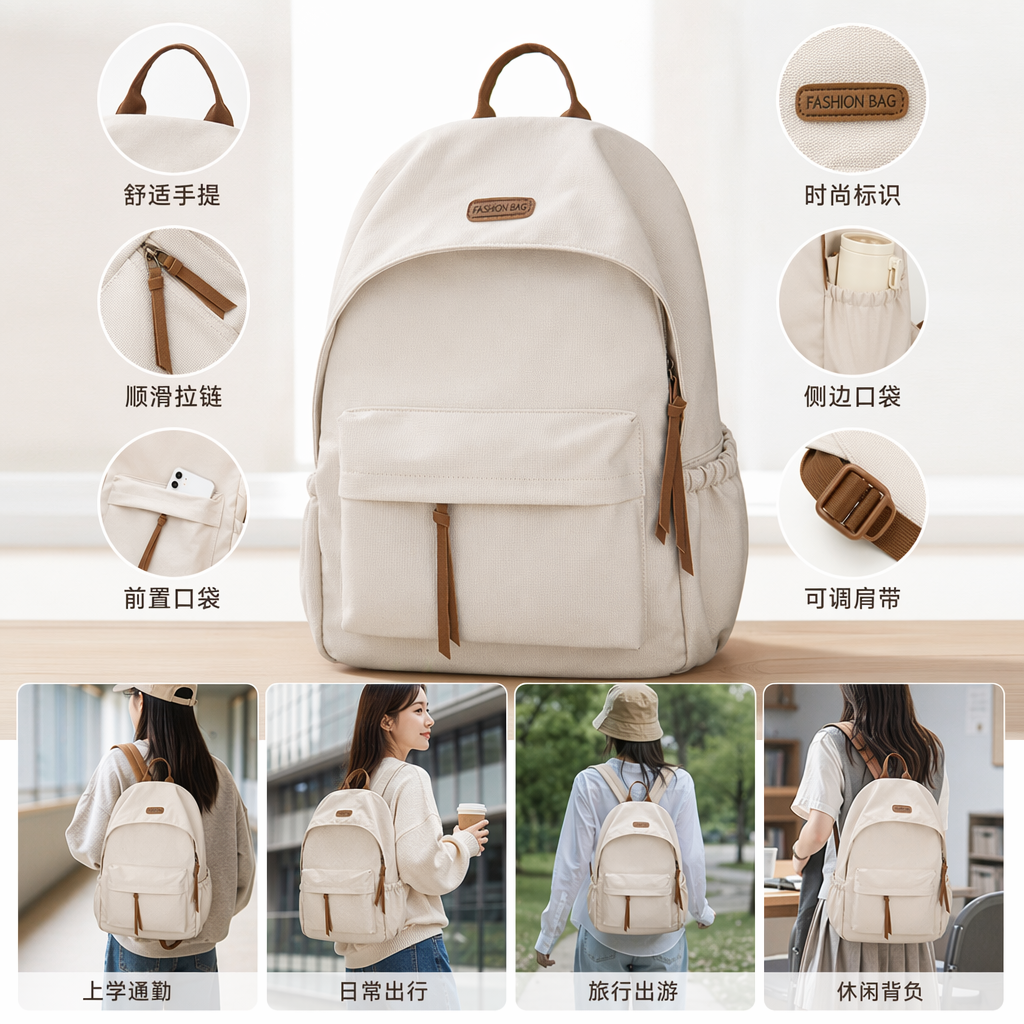 A simple and fashionable off-white backpack, a lightweight and large-capacity student commuting travel backpack