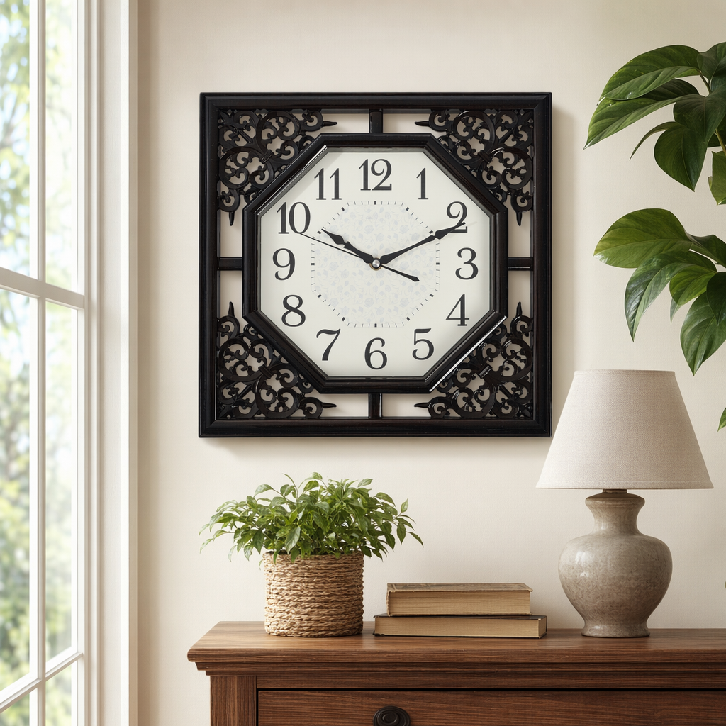 Black carved frame wall clock, simple and modern wall-mounted clock for living room and bedroom details Picture