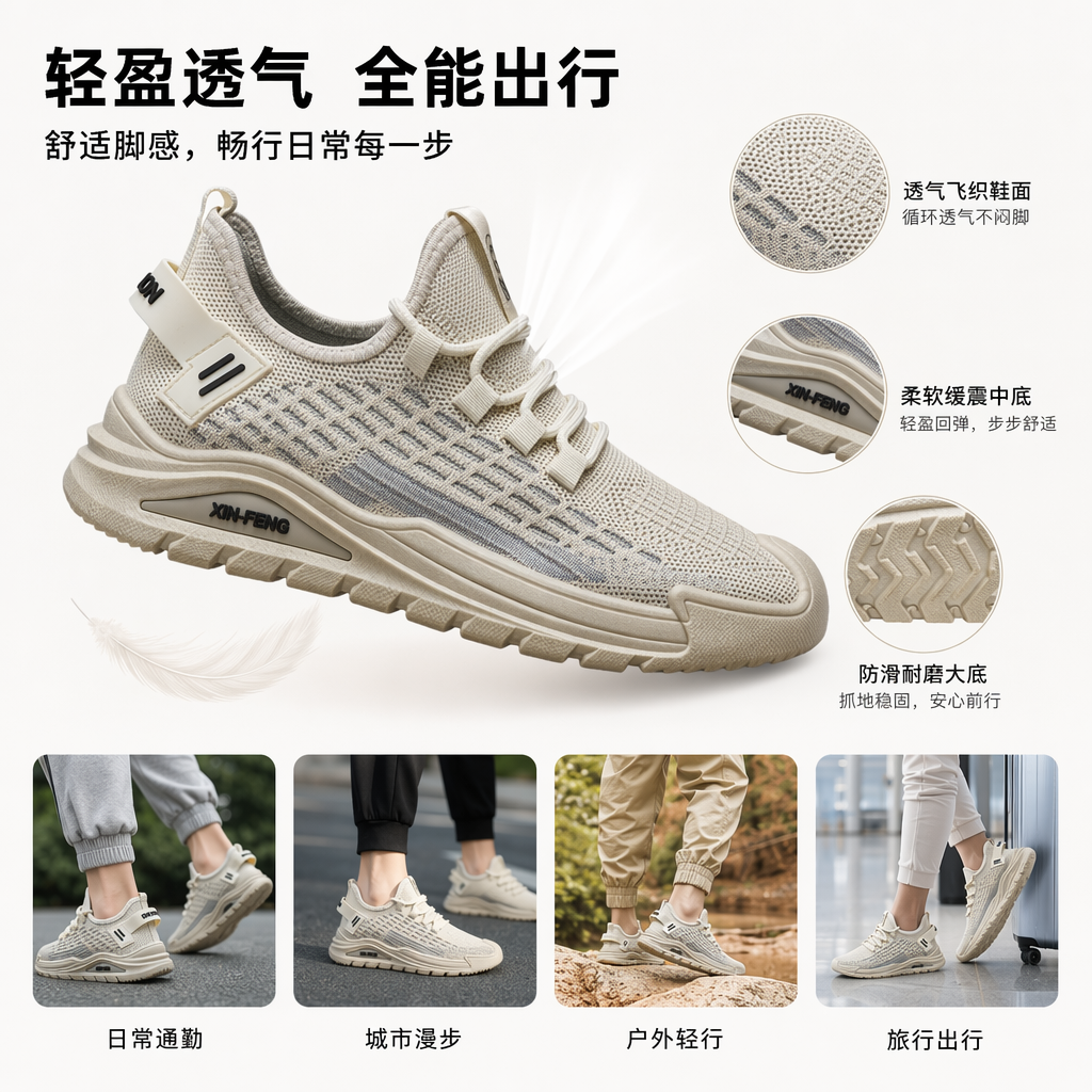 Beige mesh sports shoes, breathable and lightweight, unisex casual running shoes