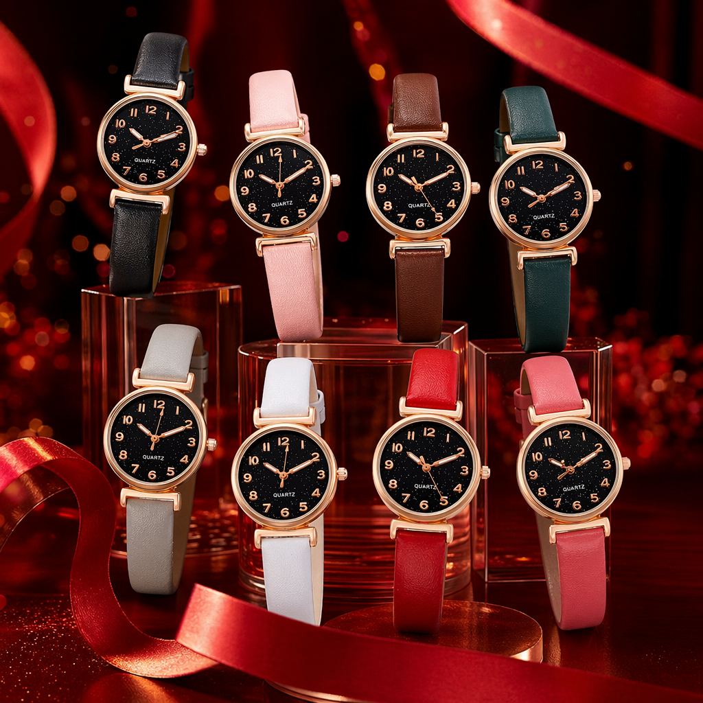 A group of watches with black dials and rose gold borders Specification image